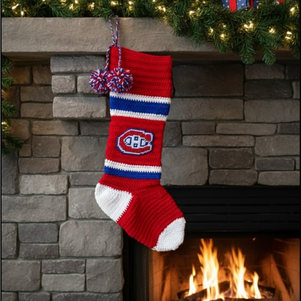 Homemade Crochet Festive Montreal Canadiens Hockey Holiday Stocking gift